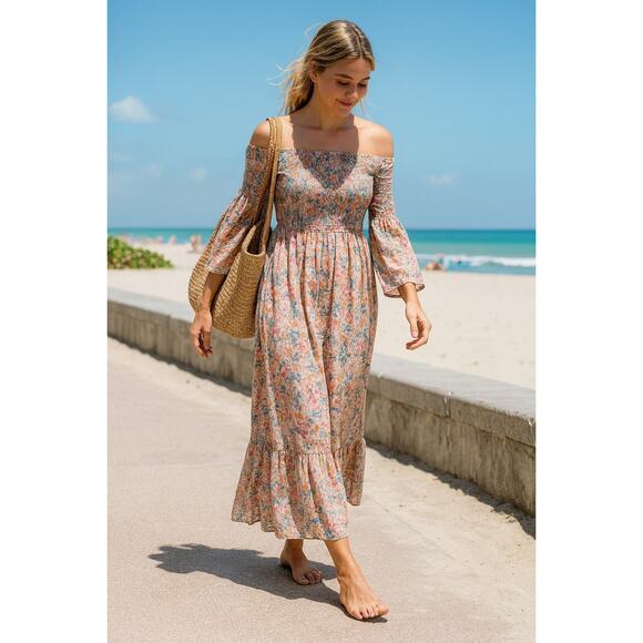 NWT Luisa smocked puff sleeve poly silk strapless dress size M/L - Picture 1 of 8